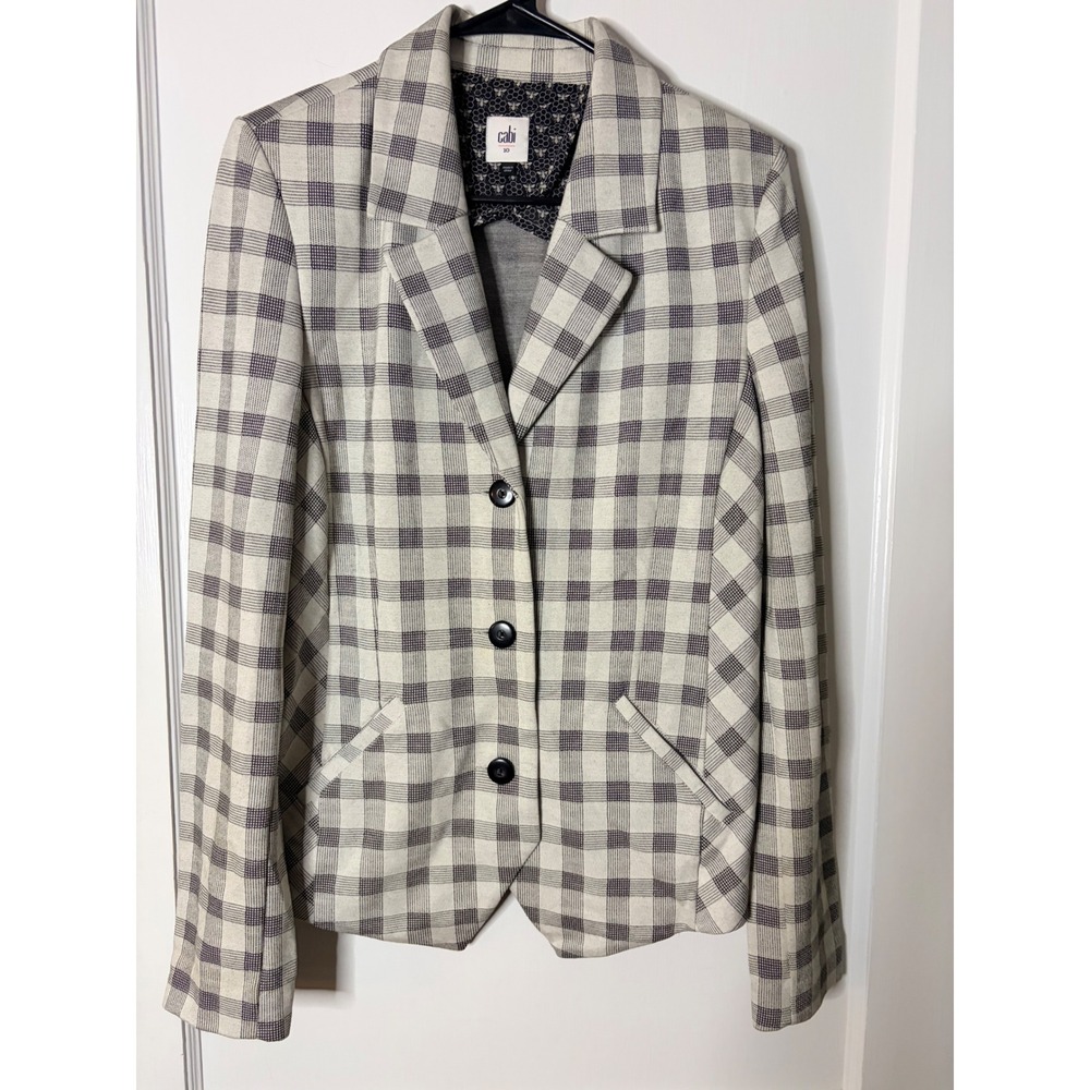 Cabi Busy Blazer 5292 Grey White Plaid Bee Print Lining Jacket Womens 10